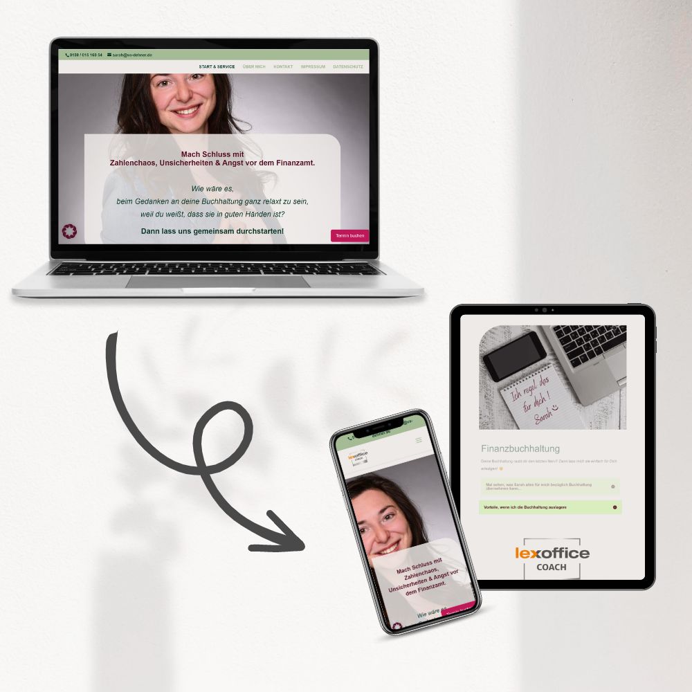 Startseite von Sarah Dehner auf dem Handy, Tablet und laptop nach meiner mobilen Optimierung