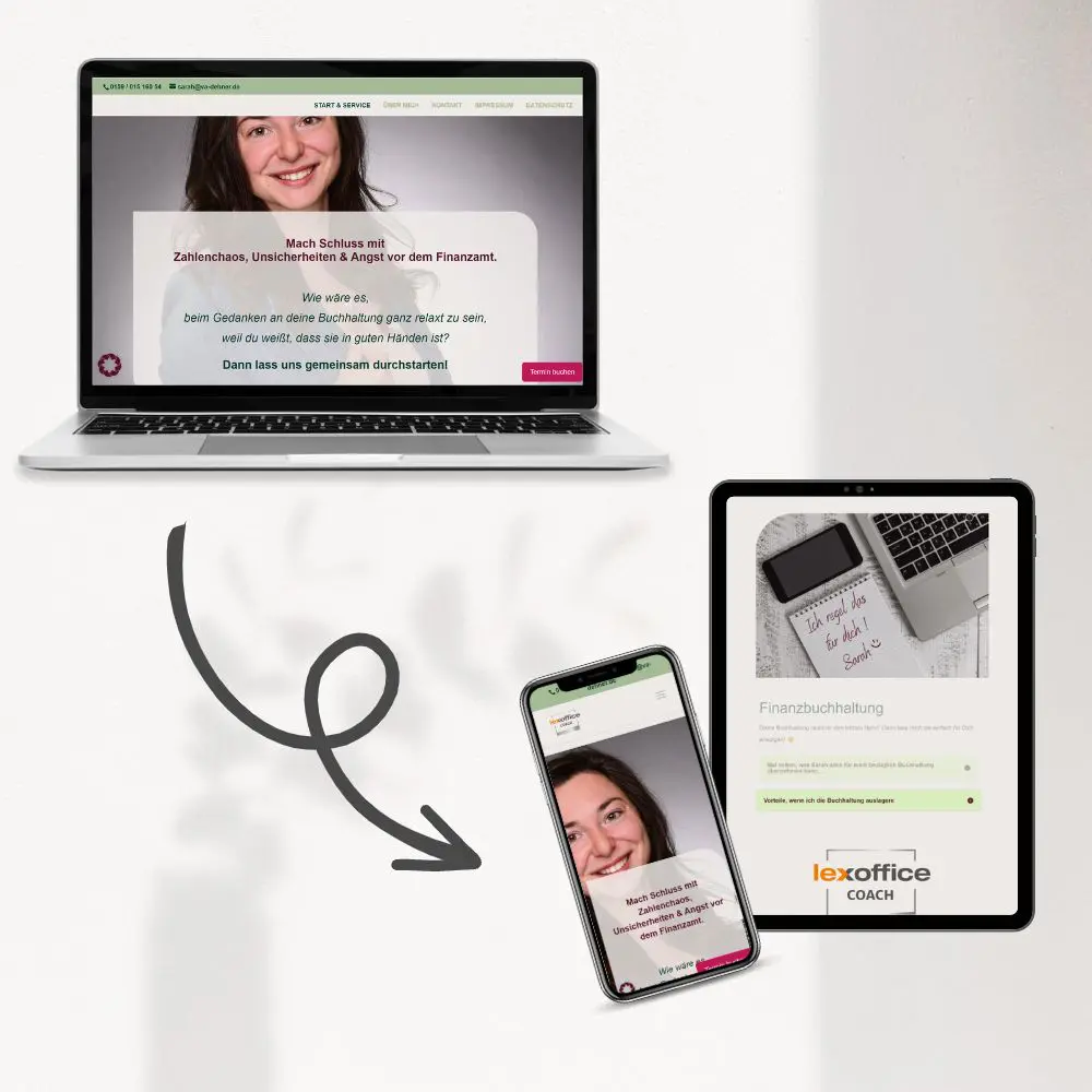 Startseite von Sarah Dehner auf dem Handy, Tablet und laptop nach meiner mobilen Optimierung