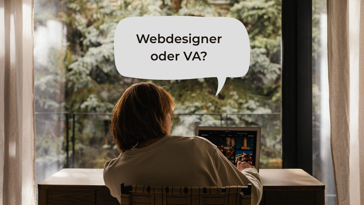 Virtuelle Assistenz vs Webdesignerin Frau sitzt vor Laptop mit Gedankenblase VA oder Webdesigner